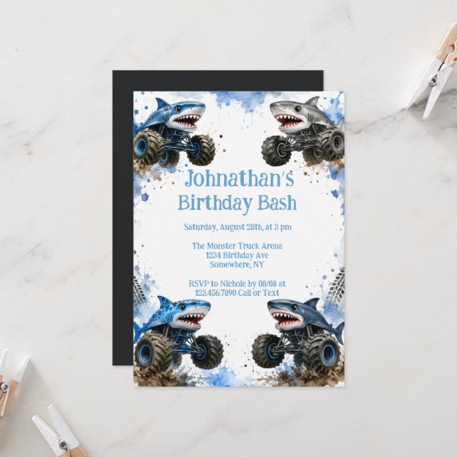 Invitación Cumpleaños Fiesta de Camión Monstruo Tiburón (Anverso/Reverso In Situ)
