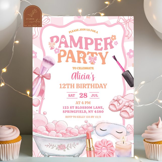 Invitación Cumpleaños Fiesta de Mimos Spa Retro Pastel Rosa (Subido por el creador)