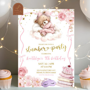 Invitación Cumpleaños Fiesta de pijamas de osito coquette con