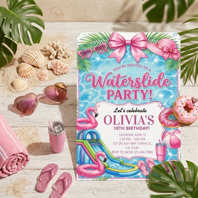 Invitación Cumpleaños Fiesta de Piscina con Tobogán de Flamen (Subido por el creador)