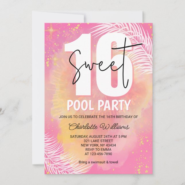 Invitación Cumpleaños Fiesta de Piscina Dulces 16 Rosado (Anverso)