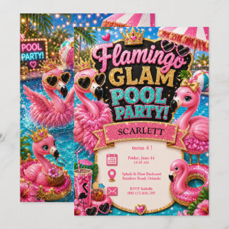 Invitación Cumpleaños Fiesta de Piscina Glam Flamingo - Brill