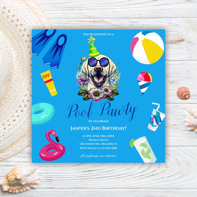 Invitación Cumpleaños Fiesta de Piscina para Perros (Dog Pool Party Birthday Invitation)