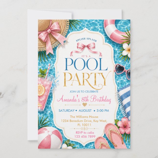 Invitación Cumpleaños Fiesta de Piscina Rosa para Niñas (Anverso)