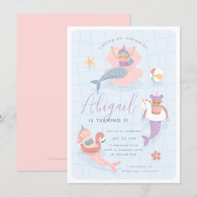 Invitación Cumpleaños Fiesta de Piscina Sirena (Anverso / Reverso)