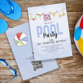 Invitación Cumpleaños Fiesta de Piscina Temática Código QR Me