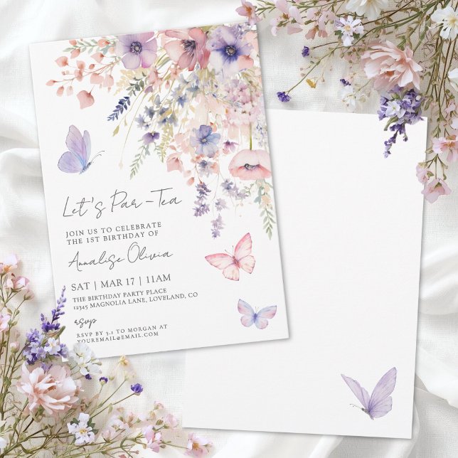 Invitación Cumpleaños Fiesta de Té de Flores Silvestres Marip (Butterfly Wildflower Tea Party Birthday Invitation)