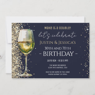 Invitación Cumpleaños Fiesta de Vino Doble Brillante Azul Dor
