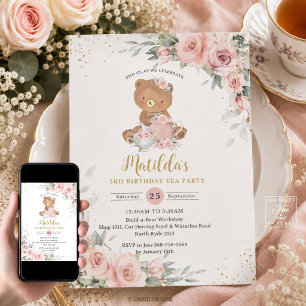 Invitación Cumpleaños Fiesta del Oso de Peluche Floral Rosa R