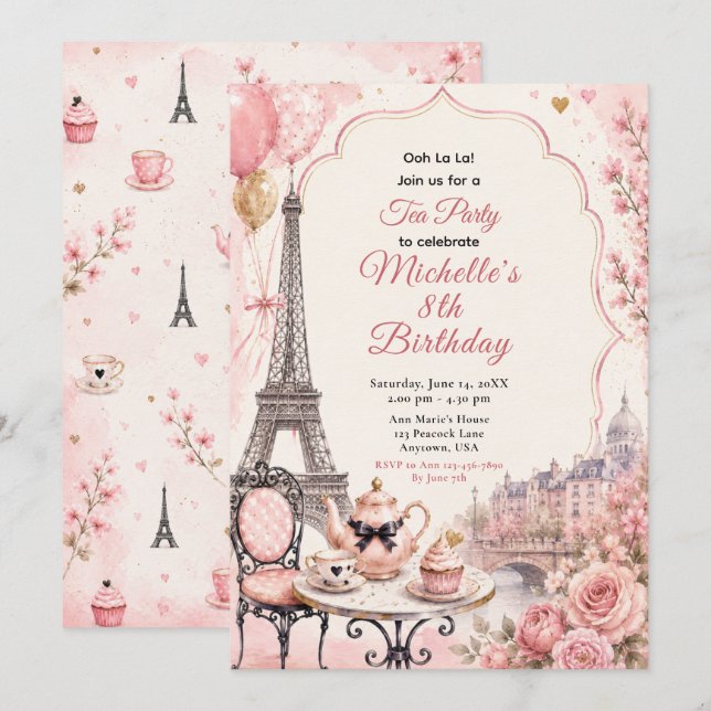Invitación Cumpleaños Fiesta del Té Rosa París (Anverso / Reverso)