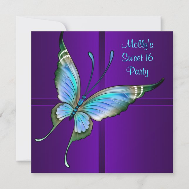 Invitación Cumpleaños Fiesta Dulces 16 Mariposa Verde Azul Mo (Anverso)