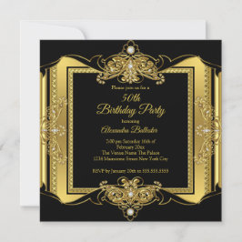 Invitación Cumpleaños Fiesta Elegante Negro Joyas de Oro Foto