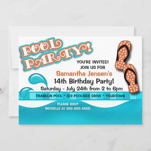 Invitación Cumpleaños Fiesta en la Piscina (Anverso)