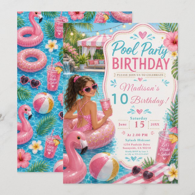 Invitación Cumpleaños Fiesta en la Piscina (Anverso / Reverso)