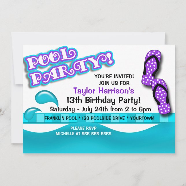 Invitación Cumpleaños Fiesta en la Piscina (Anverso)