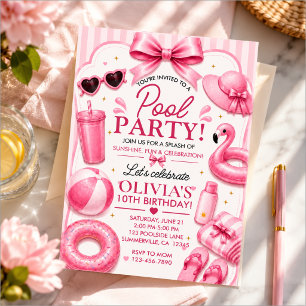 Invitación Cumpleaños Fiesta en la Piscina Rosa
