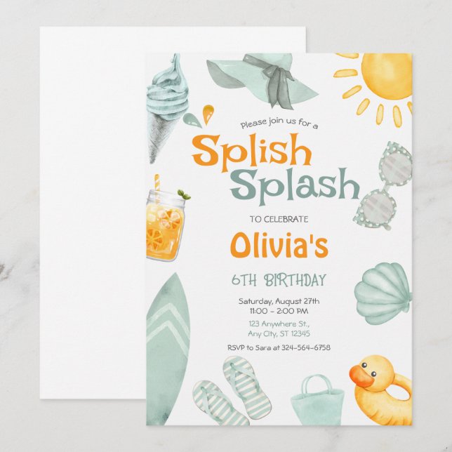 Invitación Cumpleaños Fiesta en la Piscina Salpicadura (Anverso / Reverso)