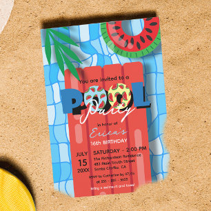 Invitación Cumpleaños Fiesta en Piscina Dulce 16 Sandía Flota
