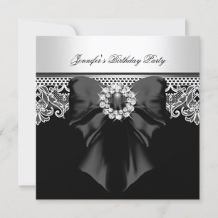Invitación Cumpleaños Fiesta Encaje Diamantes Imagen Negro Bl