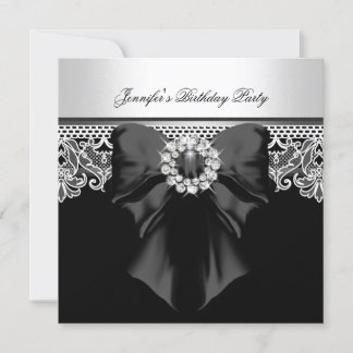 Invitación Cumpleaños Fiesta Encaje Diamantes Imagen Negro Bl