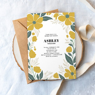 Invitación Cumpleaños Fiesta Floral Moderna Amarillo Botón de