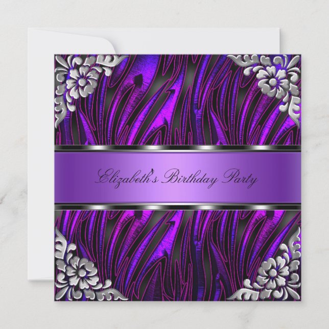 Invitación Cumpleaños Fiesta Floral Plateada de Cebra Morada (Anverso)