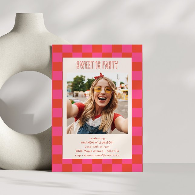 Invitación Cumpleaños Fiesta Foto Dulces 16 Cuadros Rosa Rojo (Subido por el creador)