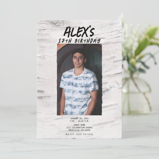 Invitación Cumpleaños Fiesta Foto Tendencia Abedul Blanco Rús (Anverso de pie)