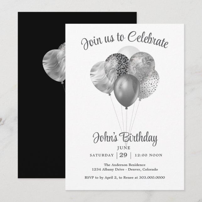 Invitación Cumpleaños Fiesta Globo Brillo Falso Plateado (Anverso / Reverso)