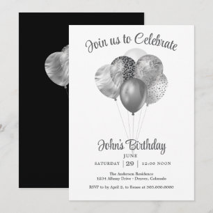 Invitación Cumpleaños Fiesta Globo Brillo Falso Plateado