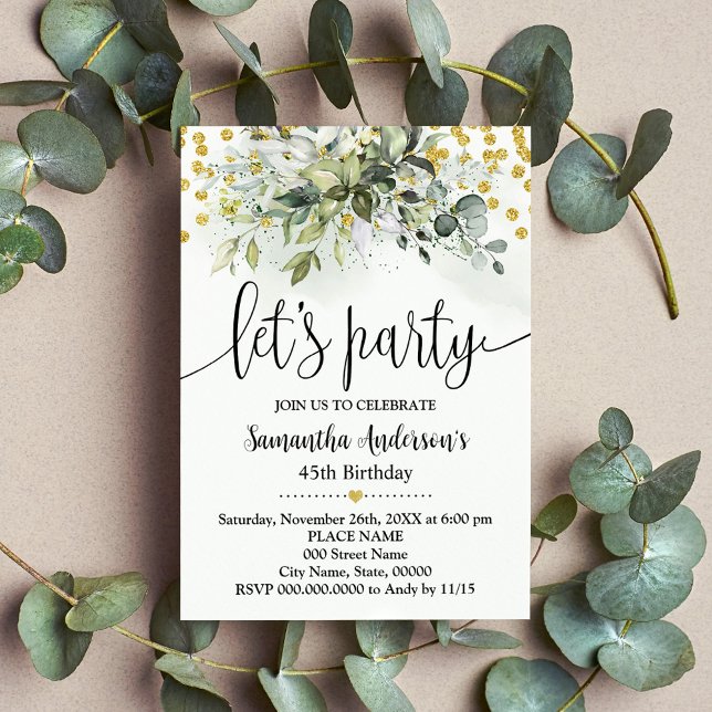 Invitación Cumpleaños Fiesta Greenery Gold Purpurina (Subido por el creador)
