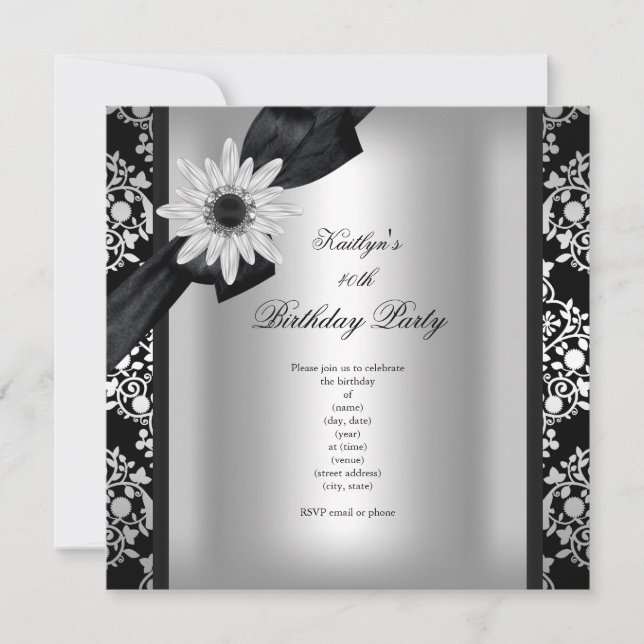 Invitación Cumpleaños Fiesta Gris Plata Negro Damask Flor (Anverso)