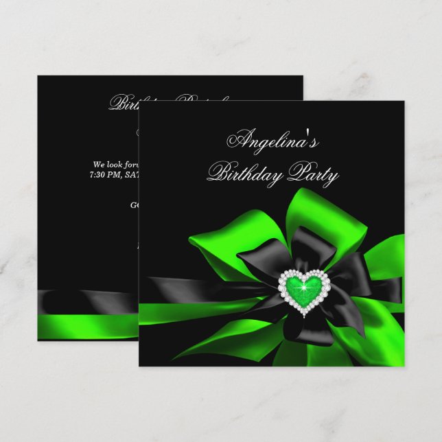 Invitación Cumpleaños Fiesta Imagen Corazón Verde Lima con La (Anverso / Reverso)