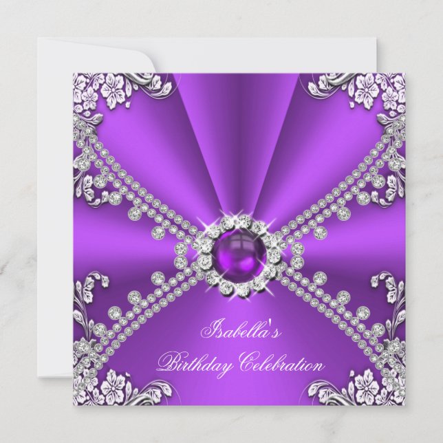Invitación Cumpleaños Fiesta Joyas Diamante Falso Plateado Pú (Anverso)