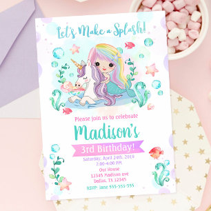 Invitación Cumpleaños Fiesta Mágica de Piscina de Sirena y Un