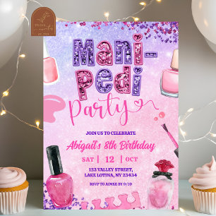 Invitación Cumpleaños fiesta MANI PEDI lentejuelas rosa púrpu