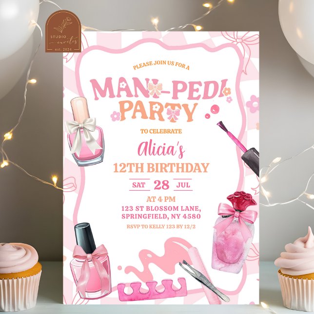 Invitación Cumpleaños Fiesta Mani Pedi Retro Arcoiris Lazo Ro (Subido por el creador)