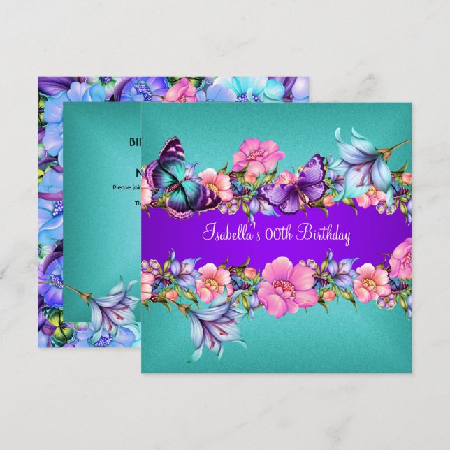 Invitación Cumpleaños Fiesta Mariposa Azul Verde Morado Rosa  (Anverso / Reverso)