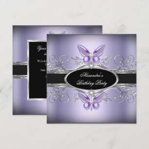 Invitación Cumpleaños Fiesta Mariposa Joya Negro Plata Púrpur