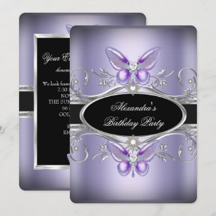 Invitación Cumpleaños Fiesta Mariposa Joya Negro Plata Púrpur