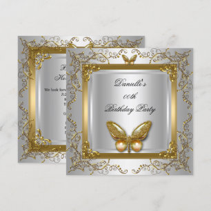 Invitación Cumpleaños Fiesta Mariposa Plata Blanco Oro