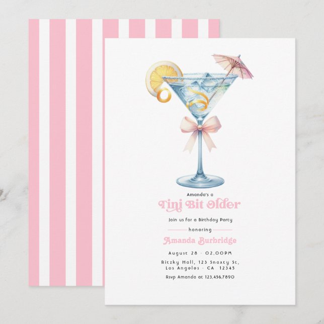 Invitación Cumpleaños Fiesta Martini Rosa Tranquila Un Poco M (Anverso / Reverso)