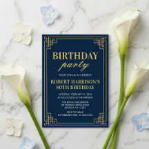 Invitación Cumpleaños Fiesta Navy Dorado Art Déco