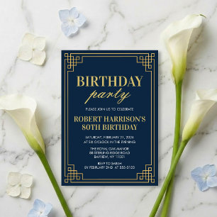 Invitación Cumpleaños Fiesta Navy Dorado Art Déco 