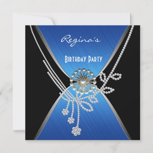Invitación Cumpleaños Fiesta Negro Azul Perla Plat (Anverso)