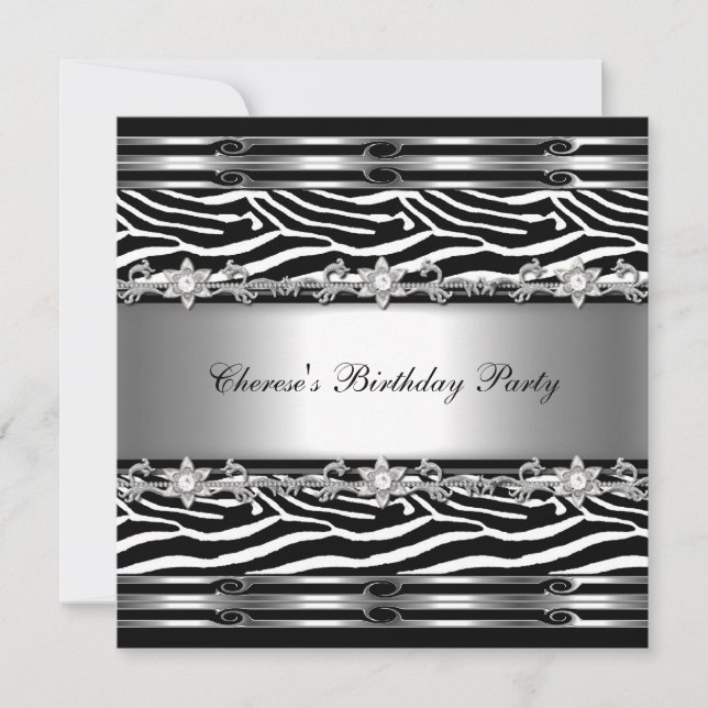 Invitación Cumpleaños Fiesta Negro Blanco Cebra Animal Joya (Anverso)