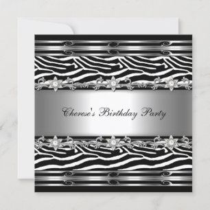 Invitación Cumpleaños Fiesta Negro Blanco Cebra Animal Joya