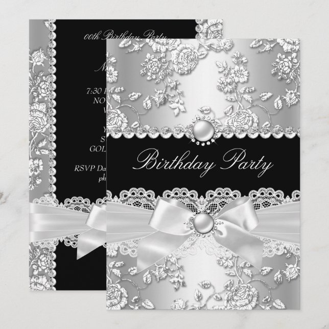 Invitación Cumpleaños Fiesta Negro Blanco Damask Rosa Platead (Anverso / Reverso)