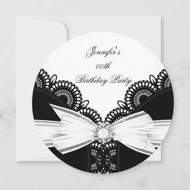 Invitación Cumpleaños Fiesta Negro Blanco Encaje Diamante Top (Anverso)