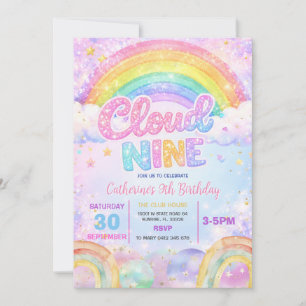Invitación Cumpleaños Fiesta Nube Nueve Arcoíris Brillante